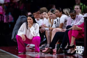 Nebraska Cornhusker head coach Amy Williams watches the action on the court against the Oregon Ducks in the second quarter during a college women’s basketball game Wednesday, February 19, 2025 in Lincoln, Nebraska. Photo by John S. Peterson.