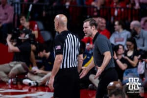 Nebraska Cornhusker head coach Fred Hoiberg reacts to the referees call in the first half during a college men’s basketball game against the Michigan Wolverines Monday, February 24, 2025 in Lincoln, Nebraska. Photo by John S. Peterson.