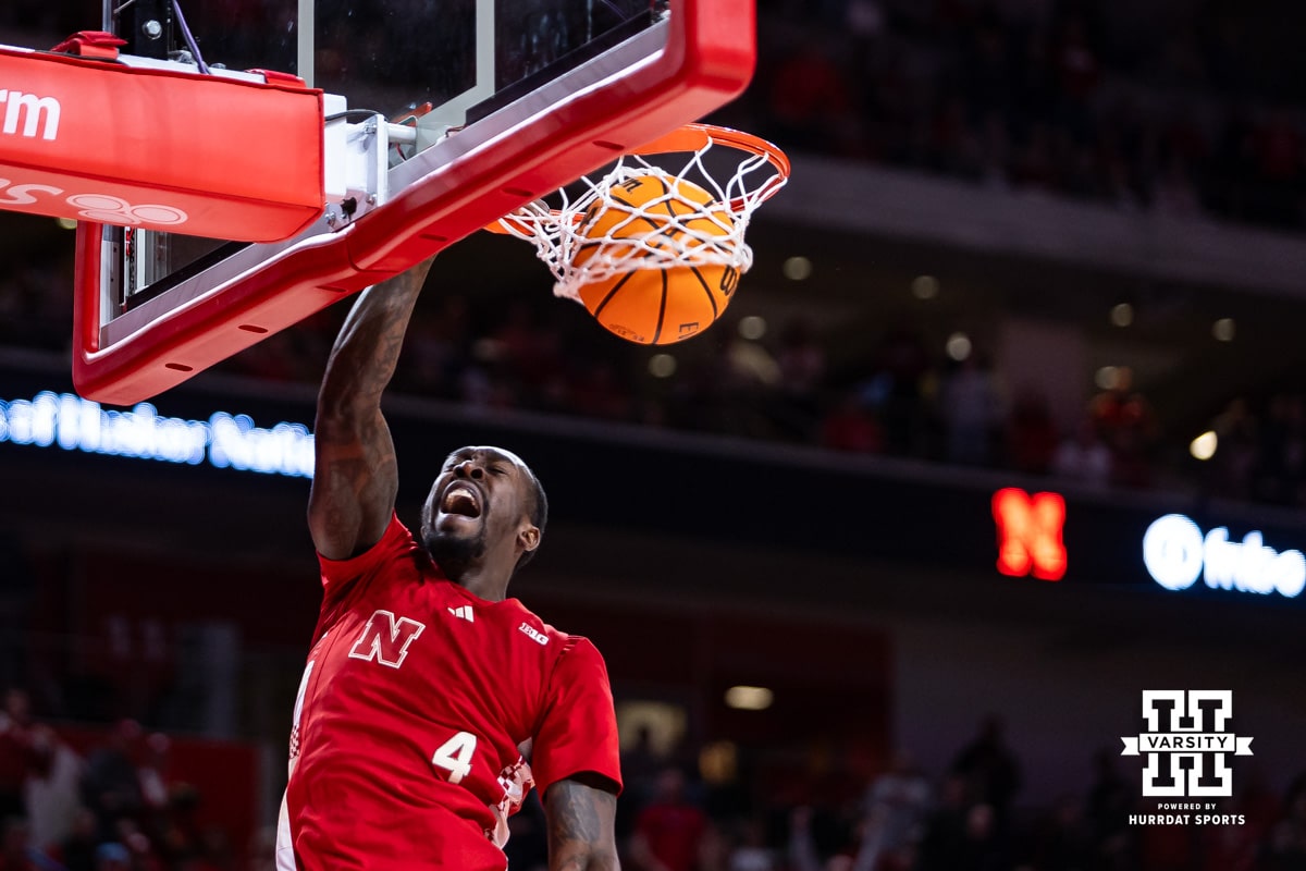 Nebraska Cornhusker forward Juwan Gary (4) makes a dunk against the Ohio State Buckeyes in the first half during a college men’s basketball game on Sunday, February 9, 2025, in Lincoln, Nebraska. Photo by John S. Peterson.