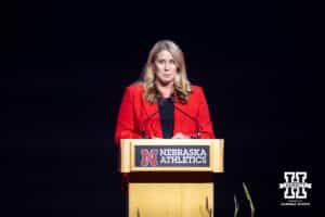 New Nebraska volleyball coach Dani Busboom-Kelly shows some emtion speaking for the Welcome to Dani Busboom-Kelly Celebration event Thursday, February 6, 2025 in Lincoln, Nebraska. Photo by John S. Peterson.