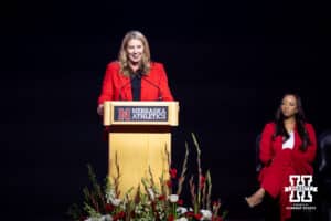 New Nebraska volleyball coach Dani Busboom-Kelly speaks during the Welcome to Dani Busboom-Kelly Celebration event Thursday, February 6, 2025 in Lincoln, Nebraska. Photo by John S. Peterson.