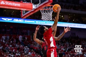 Nebraska Cornhusker guard Brice Williams (3) makes a layup against Ohio State Buckeye guard Micah Parrish (8) in the first half during a college men’s basketball game on Sunday, February 9, 2025, in Lincoln, Nebraska. Photo by John S. Peterson.