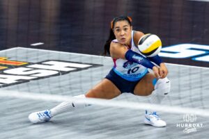 Omaha Supernovas Camila Gomez (10) passes the ball against the Columbus Fury during a professional volleyball match, Friday, January 31, 2025, in Omaha, Nebraska. Photo by John S. Peterson