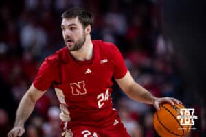 Nebraska Cornhusker guard Rollie Worster (24) dribbles the ball against Ohio State Buckeyes in the first half during a college men’s basketball game on Sunday, February 9, 2025, in Lincoln, Nebraska. Photo by John S. Peterson.