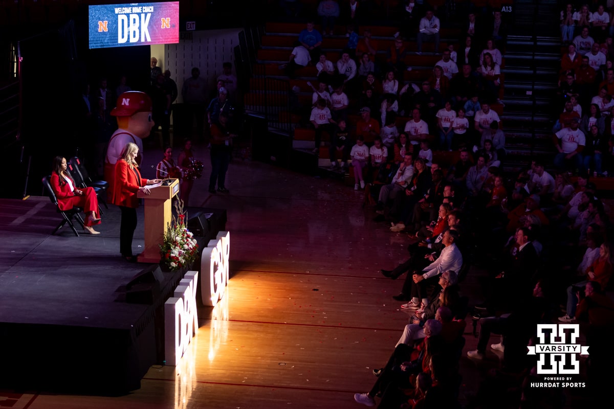 New Nebraska volleyball coach Dani Busboom-Kelly speaks during the Welcome to Dani Busboom-Kelly Celebration event Thursday, February 6, 2025 in Lincoln, Nebraska. Photo by John S. Peterson.