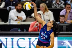 Omaha Supernovas Kayla Caffey (28) spikes the ball against the Columbus Fury during a professional volleyball match, Friday, January 31, 2025, in Omaha, Nebraska. Photo by John S. Peterson