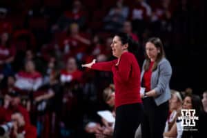 Nebraska Cornhuskers head coach Amy Williams reacts to a non-call against the Michigan Wolverines in the second quarter during a college women’s basketball game on Wednesday, February 6, 2025 in Lincoln, Nebraska. Photo by John S. Peterson.