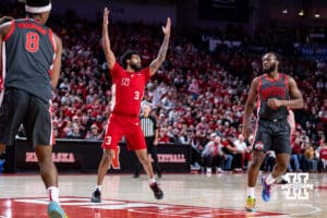 Nebraska Cornhusker guard Brice Williams (3) celebrates a basket against the Ohio State Buckeyes in the first half during a college men’s basketball game on Sunday, February 9, 2025, in Lincoln, Nebraska. Photo by John S. Peterson.