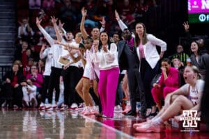 Nebraska Cornhuskers celebrates a three-point shot by Logan Nissley in the second quarter against the Oregon Ducks during a college women’s basketball game Wednesday, February 19, 2025 in Lincoln, Nebraska. Photo by John S. Peterson.