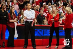 November 30, 2013: Nebraska head coach John Cook recognizing the senior after the Penn State match in Lincoln, Nebraksa. Photo by John S. Peterson.