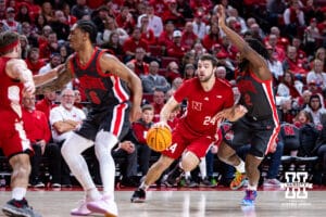 Nebraska Cornhusker guard Rollie Worster (24) dribbles the ball against Ohio State Buckeye guard Bruce Thornton (2) in the first half during a college men’s basketball game on Sunday, February 9, 2025, in Lincoln, Nebraska. Photo by John S. Peterson.