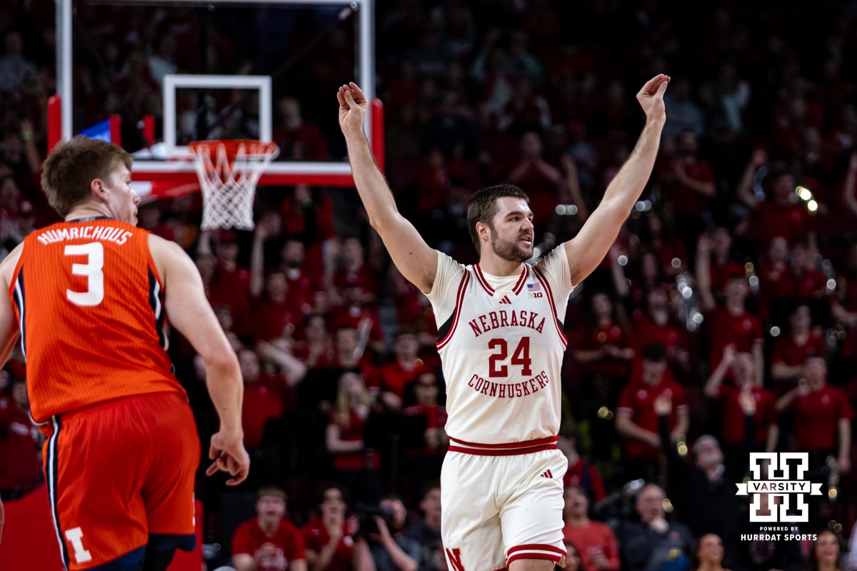 Nebraska Cornhuskers guard Rollie Worster (24) celebrates a basket against the Illinois Fighting Illini in the second half during a college basketball game, Thursday, January 30, 2025, in Lincoln, Nebraska. Photo by John S. Peterson.