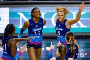 Omaha Supernovas celebrates a score against the Columbus Fury during a professional volleyball match, Friday, January 31, 2025, in Omaha, Nebraska. Photo by John S. Peterson