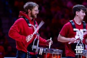 Nebraska Cornhuskers snare drummer Joel Williams performs at halftime with the drumline during a college women’s basketball game Michigan Wolverines on Wednesday, February 6, 2025 in Lincoln, Nebraska. Photo by John S. Peterson.