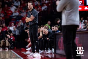 Nebraska Cornhusker head coach Fred Hoiberg watches the action on the court against the Ohio State Buckeyes in the first half during a college men’s basketball game on Sunday, February 9, 2025, in Lincoln, Nebraska. Photo by John S. Peterson.