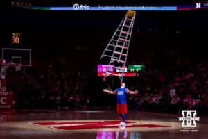 Tyler's Amazing Balancing Act performs at halftime during a college women’s basketball game between the Nebraska Cornhuskers and the Oregon Ducks Wednesday, February 19, 2025 in Lincoln, Nebraska. Photo by John S. Peterson.