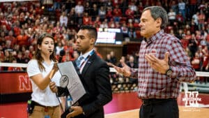 Lincoln, NE - Nov 25: Nebraska head coach John Cook during their game against the Iowa Hawkeyes at the the the Devaney Center in Lincoln Nebraska November 25, 2017. Photo by Eric Francis