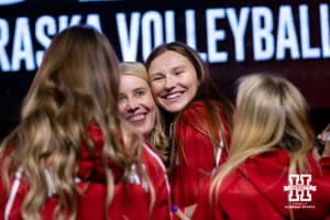 Bergen Reilly gives Dani Busboom-Kelly a hug during the Welcome to Dani Busboom-Kelly Celebration event Thursday, February 6, 2025 in Lincoln, Nebraska. Photo by John S. Peterson.