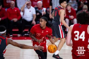 Nebraska Cornhusker guard Ahron Ulis (2) dribbles the ball against the Ohio State Buckeyes during a college men’s basketball game on Sunday, February 9, 2025, in Lincoln, Nebraska. Photo by John S. Peterson.