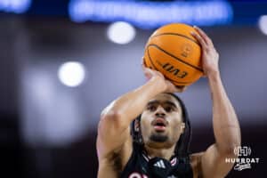 Omaha Mavericks forward Kamryn Thomas (22) shoots a free throw against the South Dakota Coyotes in the second half during a college basketball game, Wednesday, January 29, 2025, in Vermillion, South Dakota. Photo by John S. Peterson.