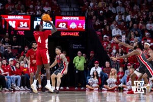 Nebraska Cornhusker forward Juwan Gary (4) makes a three-point shot against the Ohio State Buckeyes in the second half during a college men’s basketball game on Sunday, February 9, 2025, in Lincoln, Nebraska. Photo by John S. Peterson.