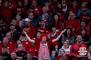 Nebraska Cornhuskers fan Kevin reacts to the action on the court against the Michigan Wolverines in the second half during a college men’s basketball game Monday, February 24, 2025 in Lincoln, Nebraska. Photo by John S. Peterson.