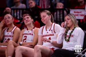 Nebraska Cornhusker guard Allison Weidner (3) wipes tears away during Senior Day celebration after a college women’s basketball game against the Washington Huskies Sunday, February 23, 2025 in Lincoln, Nebraska. Photo by John S. Peterson.