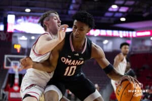 Omaha Mavericks forward Marquel Sutton (10) drives the baseline against the South Dakota Coyotes in the second half during a college basketball game, Wednesday, January 29, 2025, in Vermillion, South Dakota. Photo by John S. Peterson.