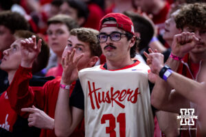 Nebraska Cornhuskers fan sporting a basketball jersey against the Ohio State Buckeyes during a college men’s basketball game on Sunday, February 9, 2025, in Lincoln, Nebraska. Photo by John S. Peterson.