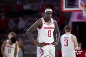 South Dakota Coyotes forward Mayuom Buom (0) takes a break on the court against the Omaha Mavericks in the second half during a college basketball game, Wednesday, January 29, 2025, in Vermillion, South Dakota. Photo by John S. Peterson.