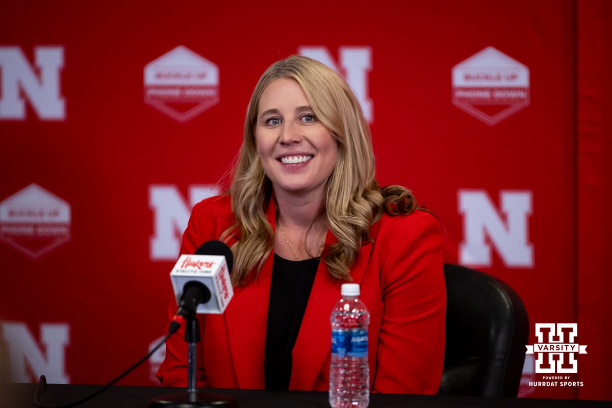 Nebraska volleyball head coach Dani Busboom-Kelly answering questions during a press conference after the Welcome to Dani Busboom-Kelly Celebration event Thursday, February 6, 2025 in Lincoln, Nebraska. Photo by John S. Peterson.