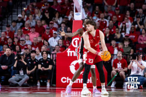 Nebraska Cornhusker forward Andrew Morgan (23) looking to make a move against the Ohio State Buckeyes in the second half during a college men’s basketball game on Sunday, February 9, 2025, in Lincoln, Nebraska. Photo by John S. Peterson.