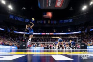 Omaha Supernovas Phoebe Awoleye (17) serves the ball against Columbus Fury during a professional volleyball match, Friday, January 31, 2025, in Omaha, Nebraska. Photo by John S. Peterson