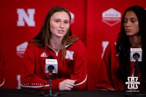 Nebraska volleyball teammate Bergen Reilly answering questions during a press conference after the Welcome to Dani Busboom-Kelly Celebration event Thursday, February 6, 2025 in Lincoln, Nebraska. Photo by John S. Peterson.