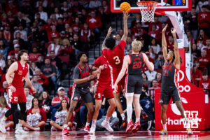 Nebraska Cornhusker guard Brice Williams (3) makes a basket against the Ohio State Buckeyes in the second half during a college men’s basketball game on Sunday, February 9, 2025, in Lincoln, Nebraska. Photo by John S. Peterson.