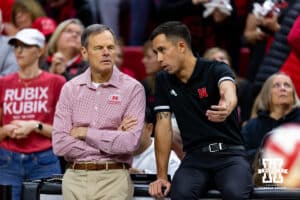 Nebraska Cornhuskers head coach John Cook and Jaylen Reyes talking before taking on the Purdue Boilermakers during a college volleyball match Sunday, Nov. 20, 2022, in Lincoln, Neb. Photo by John S. Peterson.