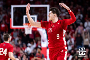 Nebraska Cornhusker forward Berke Buyuktuncel (9) celebrates a basket against the Ohio State Buckeyes in the second half during a college men’s basketball game on Sunday, February 9, 2025, in Lincoln, Nebraska. Photo by John S. Peterson.