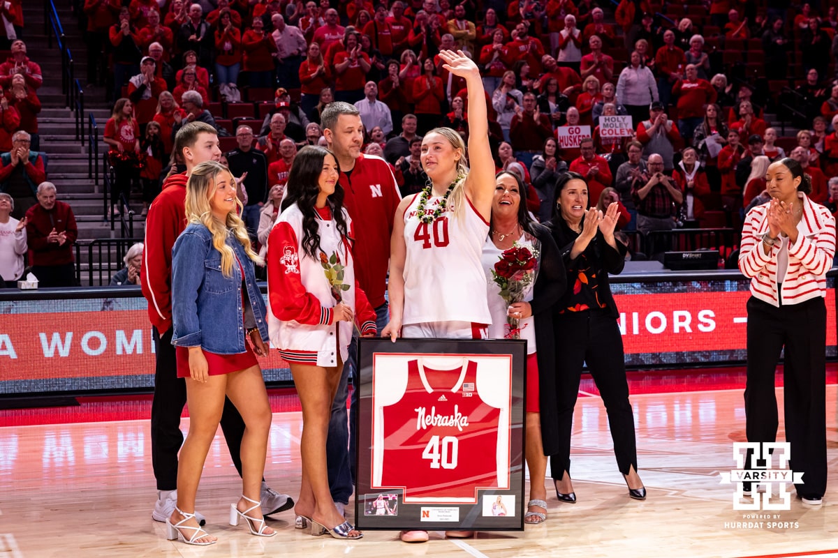 Nebraska Cornhusker center Alexis Markowski (40) waves to the fans during the Senior Day celebration after a college women’s basketball game against the Washington Huskies Sunday, February 23, 2025 in Lincoln, Nebraska. Photo by John S. Peterson.