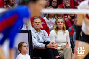 Nebraska Cornhuskers head coach John Cook watching the action on the court against the Kansas Jayhawks during the second round of the NCAA Volleyball Championships Friday, December 2, 2022, in Lincoln, Nebraska. Photo by John S. Peterson.