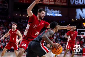 Nebraska Cornhusker guard Rollie Worster (24) defending against Ohio State Buckeye guard Ques Glover (6) in the second half during a college men’s basketball game on Sunday, February 9, 2025, in Lincoln, Nebraska. Photo by John S. Peterson.