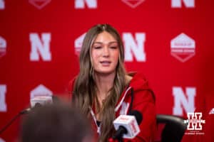 Nebraska volleyball teammate Andi Jackson answering questions during a press conference after the Welcome to Dani Busboom-Kelly Celebration event Thursday, February 6, 2025 in Lincoln, Nebraska. Photo by John S. Peterson.