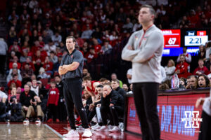 Nebraska Cornhusker head coach Fred Hoiberg and Ohio State Buckeye head coach Jake Diebler watching the action during a college men’s basketball game on Sunday, February 9, 2025, in Lincoln, Nebraska. Photo by John S. Peterson.