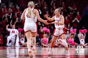 Nebraska Cornhusker center Alexis Markowski (40) and guard Callin Hake (14) celebrate against the Oregon Ducks in the four during a college women’s basketball game Wednesday, February 19, 2025 in Lincoln, Nebraska. Photo by John S. Peterson.