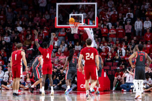 Nebraska Cornhusker forward Juwan Gary (4) makes a free throw against the Ohio State Buckeyes in the second half during a college men’s basketball game on Sunday, February 9, 2025, in Lincoln, Nebraska. Photo by John S. Peterson.