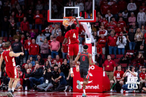 Nebraska Cornhusker forward Juwan Gary (4) makes a dunk against the Ohio State Buckeyes in the second half during a college men’s basketball game on Sunday, February 9, 2025, in Lincoln, Nebraska. Photo by John S. Peterson.