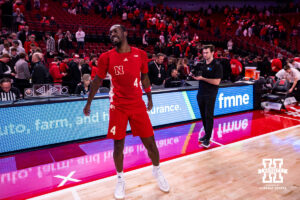 Nebraska Cornhusker forward Juwan Gary (4) heads to the lockerroom after the win over Ohio State Buckeyes during a college men’s basketball game on Sunday, February 9, 2025, in Lincoln, Nebraska. Photo by John S. Peterson.