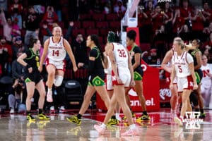 ebraska Cornhuskers celebrate the overtime win against the Oregon Ducks during a college women’s basketball game Wednesday, February 19, 2025 in Lincoln, Nebraska. Photo by John S. Peterson.