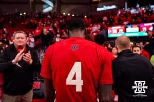 Nebraska Cornhusker forward Juwan Gary (4) heads to the lockerroom after the win over Ohio State Buckeyes during a college men’s basketball game on Sunday, February 9, 2025, in Lincoln, Nebraska. Photo by John S. Peterson.