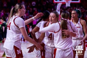 Nebraska Cornhusker center Alexis Markowski (40) recieves hugs after her record high points during a college women’s basketball game against the Oregon Ducks Wednesday, February 19, 2025 in Lincoln, Nebraska. Photo by John S. Peterson.