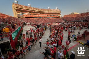 Nebraska Cornhuskers head coach John Cook during a game between Omaha Mavericks and the Nebraska Cornhuskers Wednesday in Lincoln, Nebraska August 30, 2023. The event set a world record of 92,003 fans to attend a women’s sporting event. Photo by Eric Francis